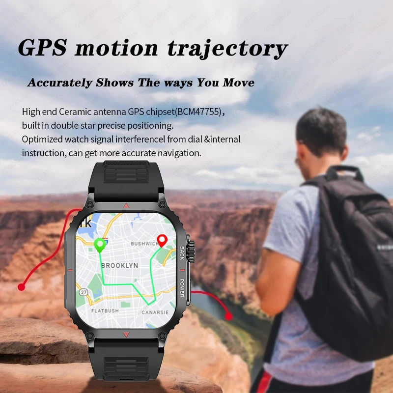 A person wearing a black backpack stands on a canyon edge, looking at the landscape. In the foreground, the Men’s Military Smart Watch For Android & iOS from Smart Watches World shows a GPS map with a route in Brooklyn. Text on the image advertises GPS motion trajectory with fitness tracking and an IP68 waterproof high-end ceramic antenna for precise positioning.