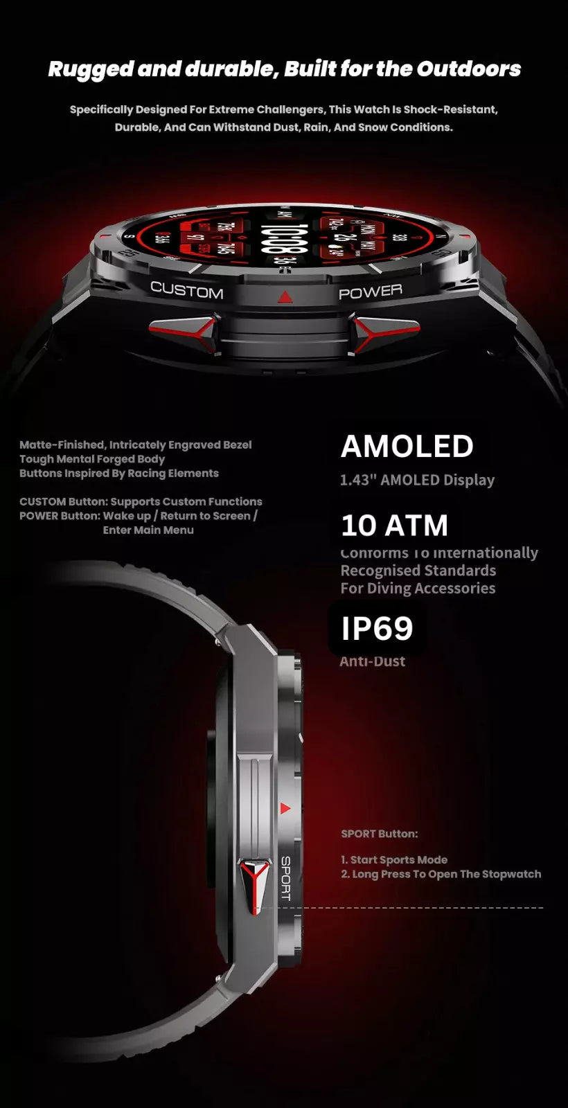 Swimming Smart Watch, 10ATM IP69 Waterproof, Built-in GPS, Military-Grade, AMOLED Display, AI Voice