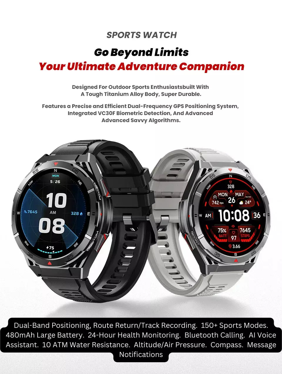 Swimming Smart Watch, 10ATM IP69 Waterproof, Built-in GPS, Military-Grade, AMOLED Display, AI Voice